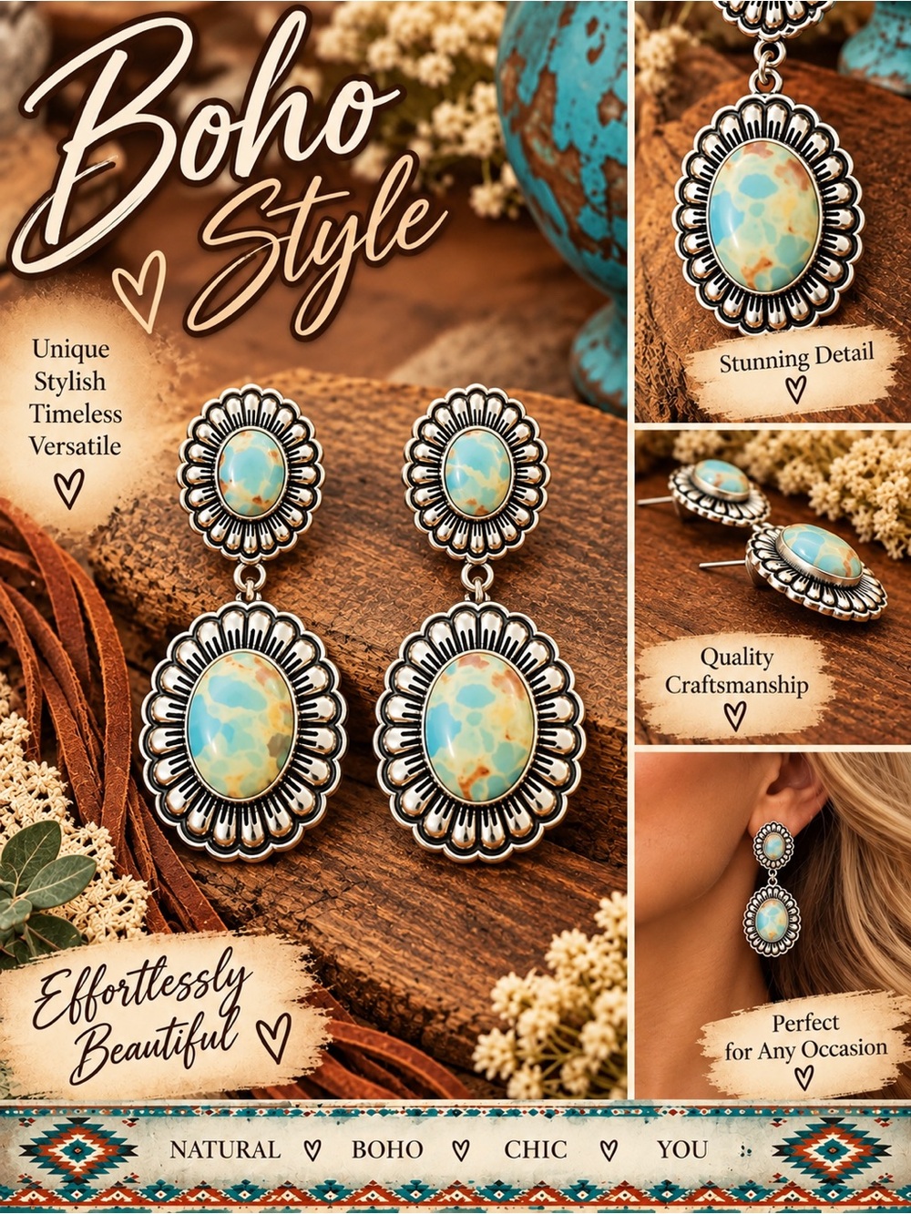 Boho Turquoise-Patterned Oval Drop Earrings - Women's Fashion Jewelry